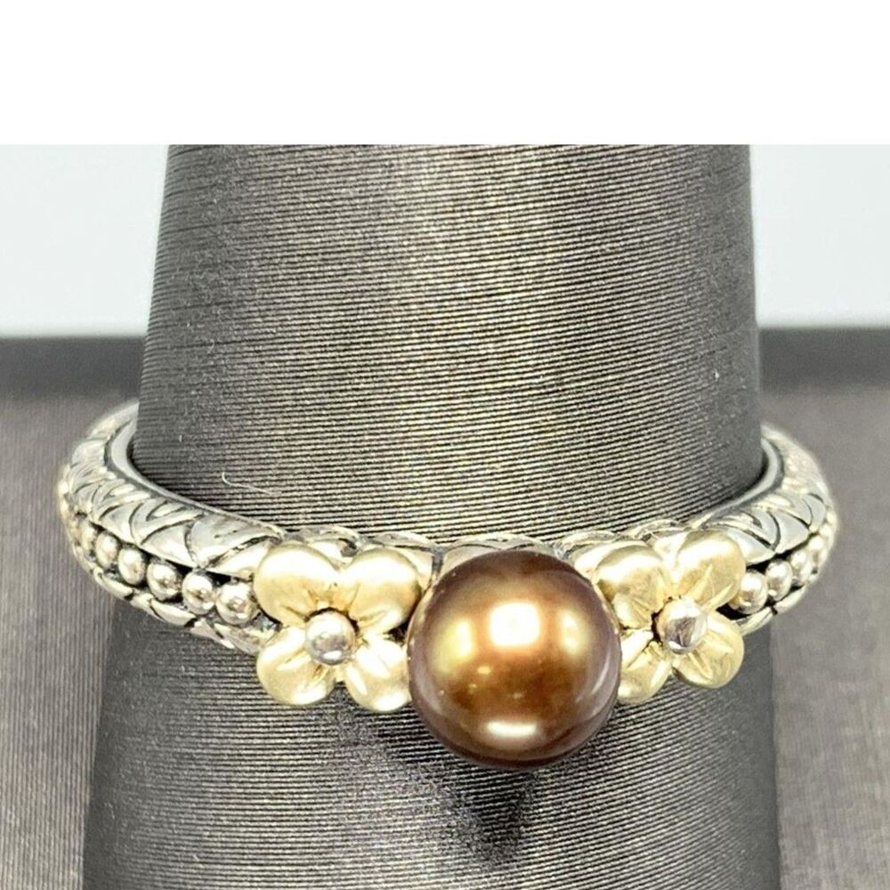 Authentic Barbara Bixby Cultured Pearl Ring 18K Gold & Sterling Silver Sz 10